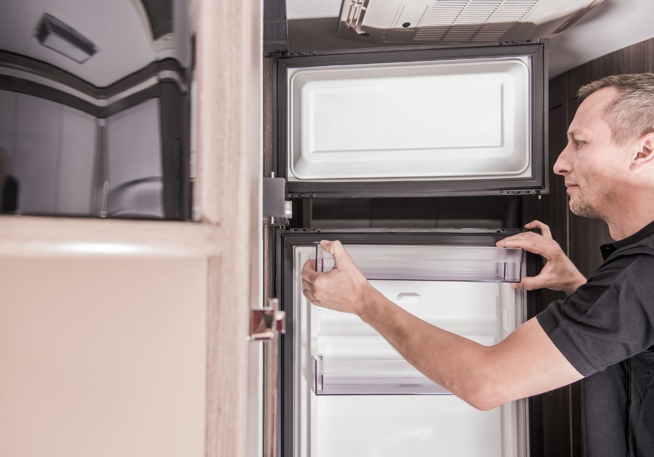 Interior of RV showing common appliances serviced on-site